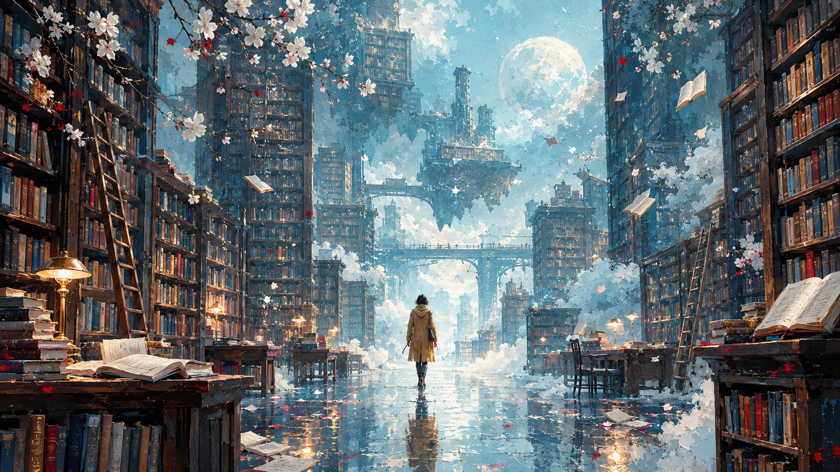 Moonlit Library of Floating Pages